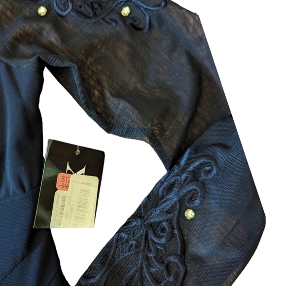 New XSCAPE navy Dress knit party dress illusion Lace neckline long sleeves sz 4 - Picture 7 of 11